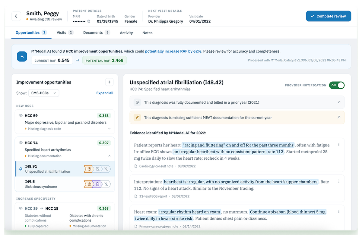 3M AI clinical documentation interface showing diagnostic code suggestions screen